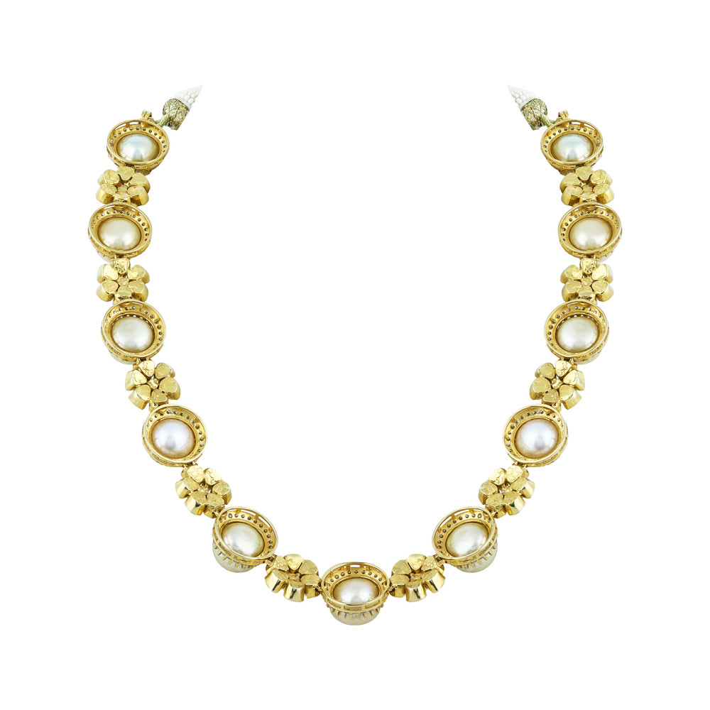 Pearl Necklace with Polki Floral Motifs & Diamond Halos