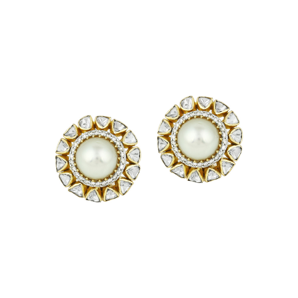 Pearl Stud Earrings with Polki Diamond Circular Halos