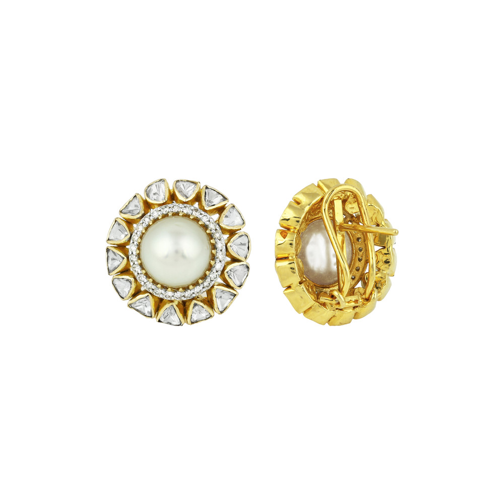 Pearl Stud Earrings with Polki Diamond Circular Halos