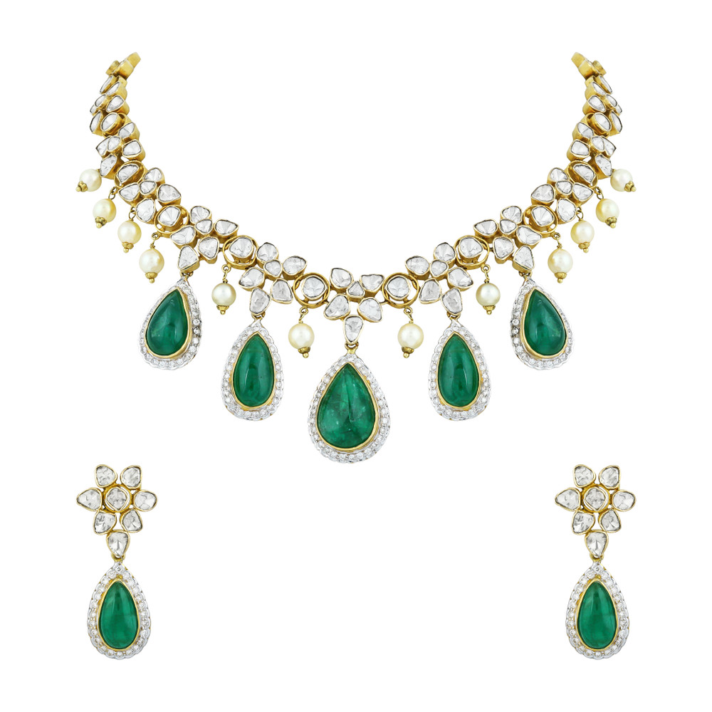 Polki Necklace Set with Emerald Drops & Diamond Halos