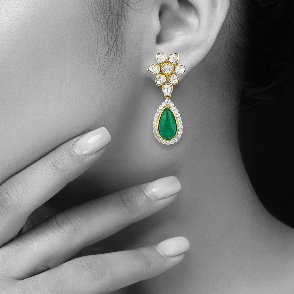 Polki Necklace Set with Emerald Drops & Diamond Halos