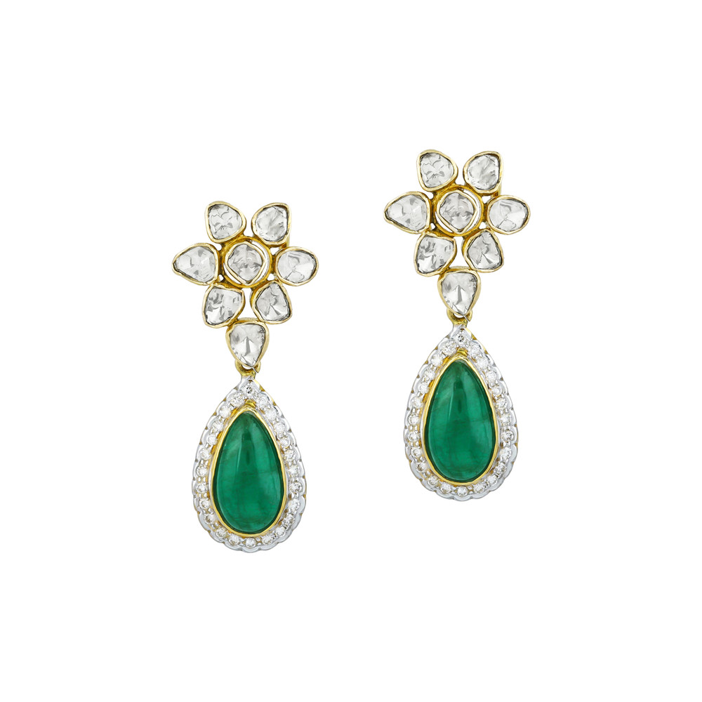 Polki Necklace Set with Emerald Drops & Diamond Halos