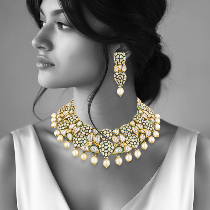 Polki Necklace Set with Pearl Drops & Green Enamel Cluster Polki