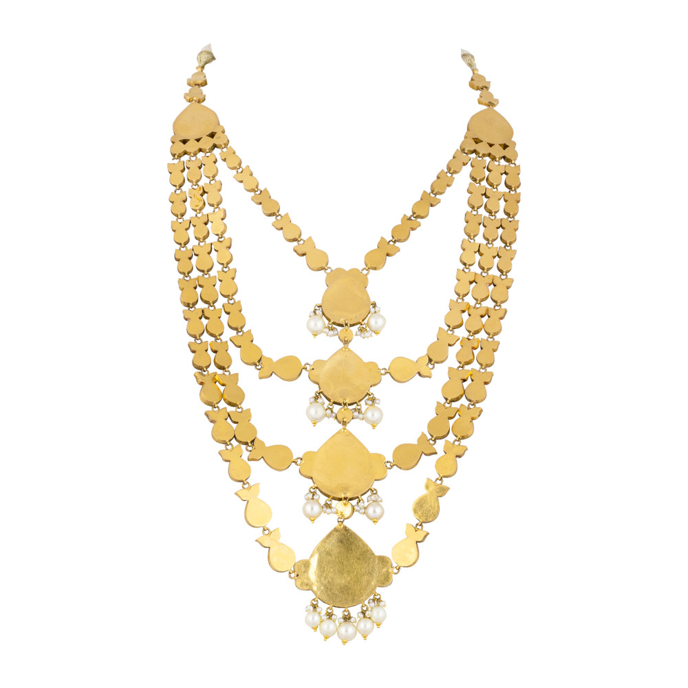 Quad Layer Necklace with Red Stones, Uncut Diamonds & Pearl Drops