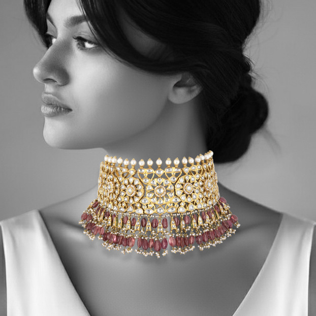 Polki Diamond Choker & Earrings with Pink Tourmaline Drops