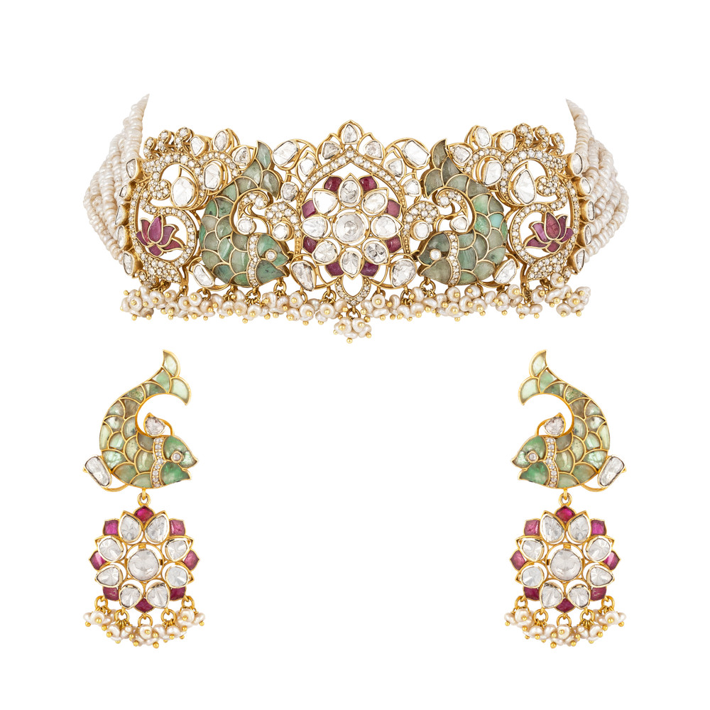 Floral Polki Diamond Choker Set with Green Talaf & Fish Motifs