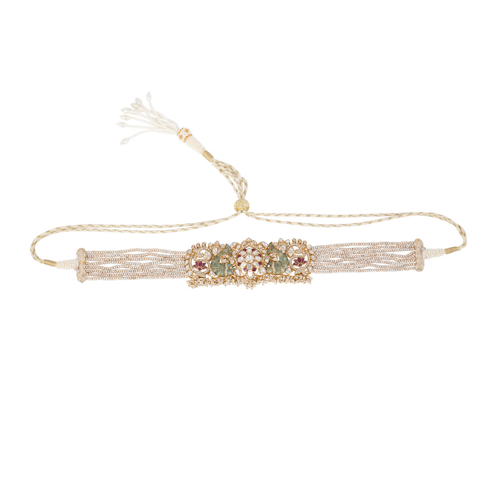 Floral Polki Diamond Choker Set with Green Talaf & Fish Motifs