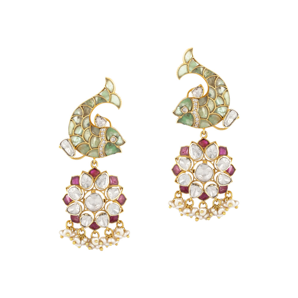 Floral Polki Diamond Choker Set with Green Talaf & Fish Motifs