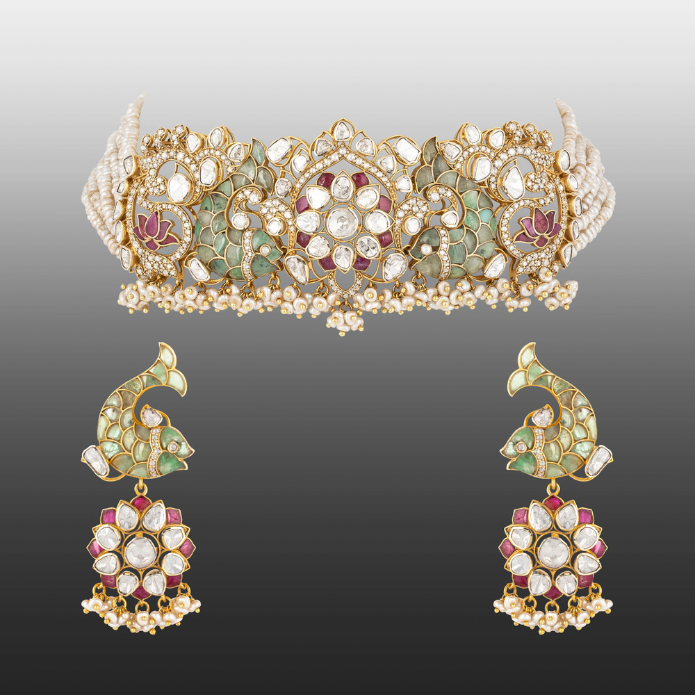 Floral Polki Diamond Choker Set with Green Talaf & Fish Motifs