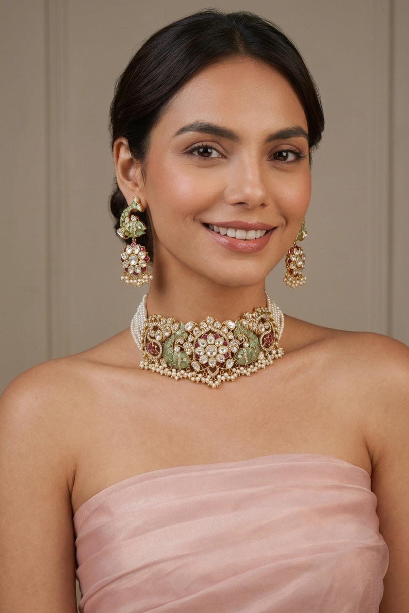 Floral Polki Diamond Choker Set with Green Talaf & Fish Motifs