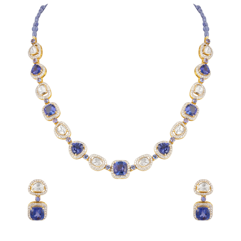 Tanzanite & Polki Diamond Necklace Set with Pave Detailing