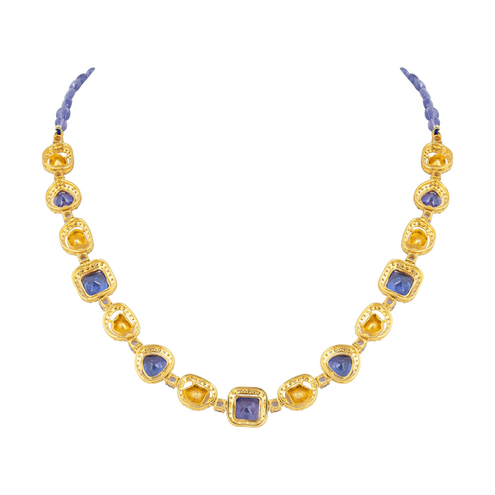 Tanzanite & Polki Diamond Necklace Set with Pave Detailing