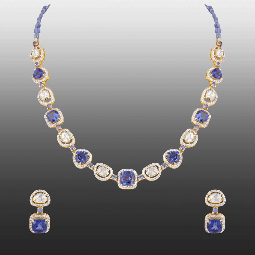 Tanzanite & Polki Diamond Necklace Set with Pave Detailing