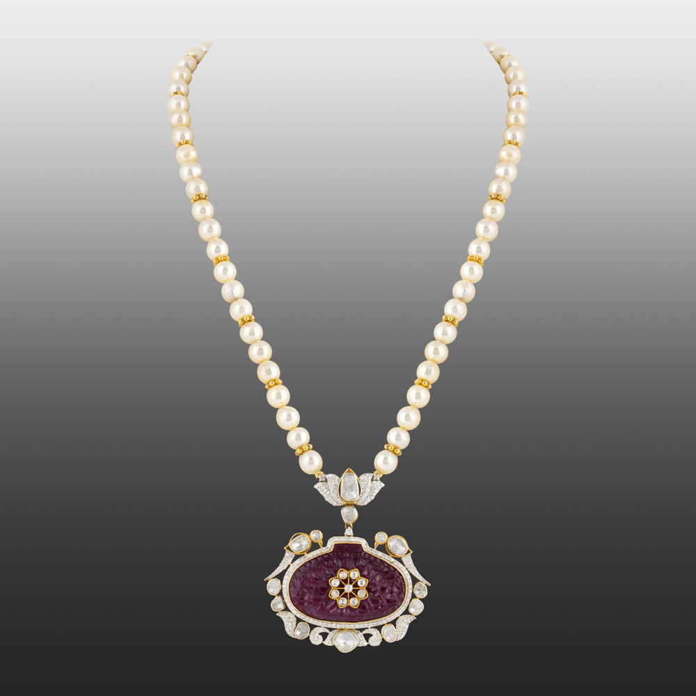 Carved Red Centerpiece Polki Pendant with Diamond Lotus & Pearls