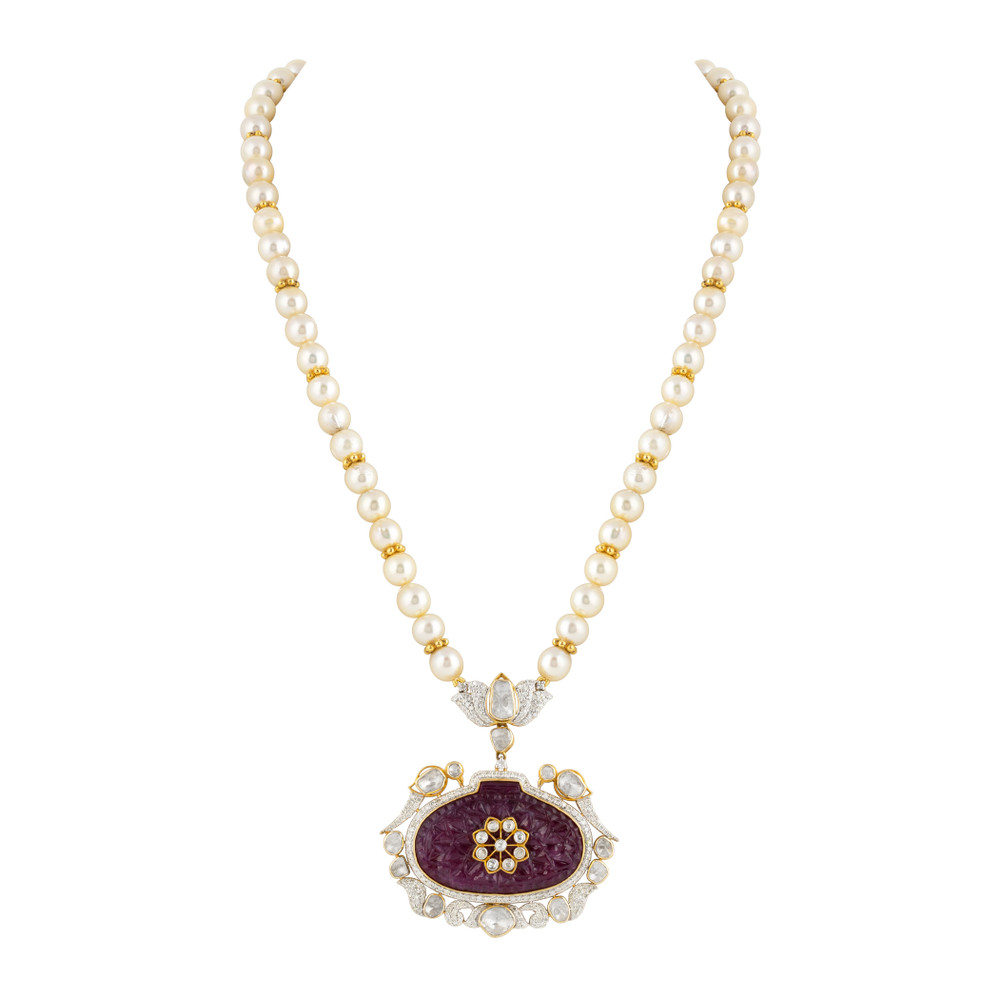 Carved Red Centerpiece Polki Pendant with Diamond Lotus & Pearls