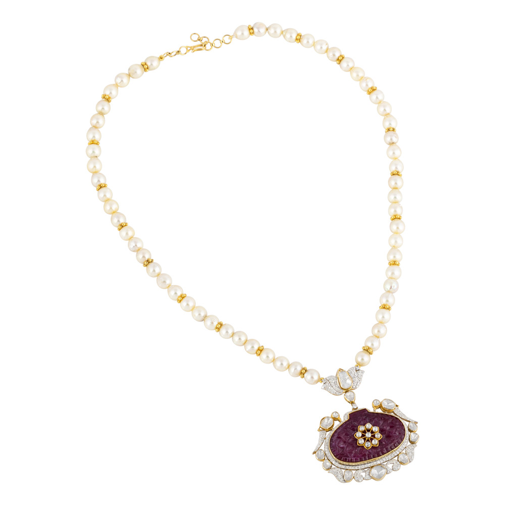 Carved Red Centerpiece Polki Pendant with Diamond Lotus & Pearls