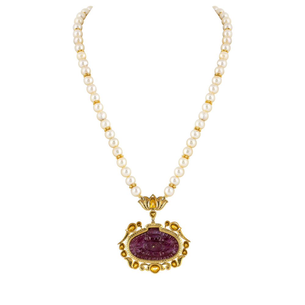 Carved Red Centerpiece Polki Pendant with Diamond Lotus & Pearls