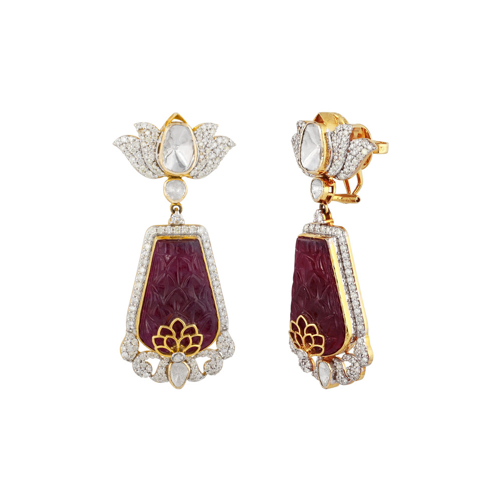 Carved Red Centerpiece Polki Earrings with Diamond Lotus Motif