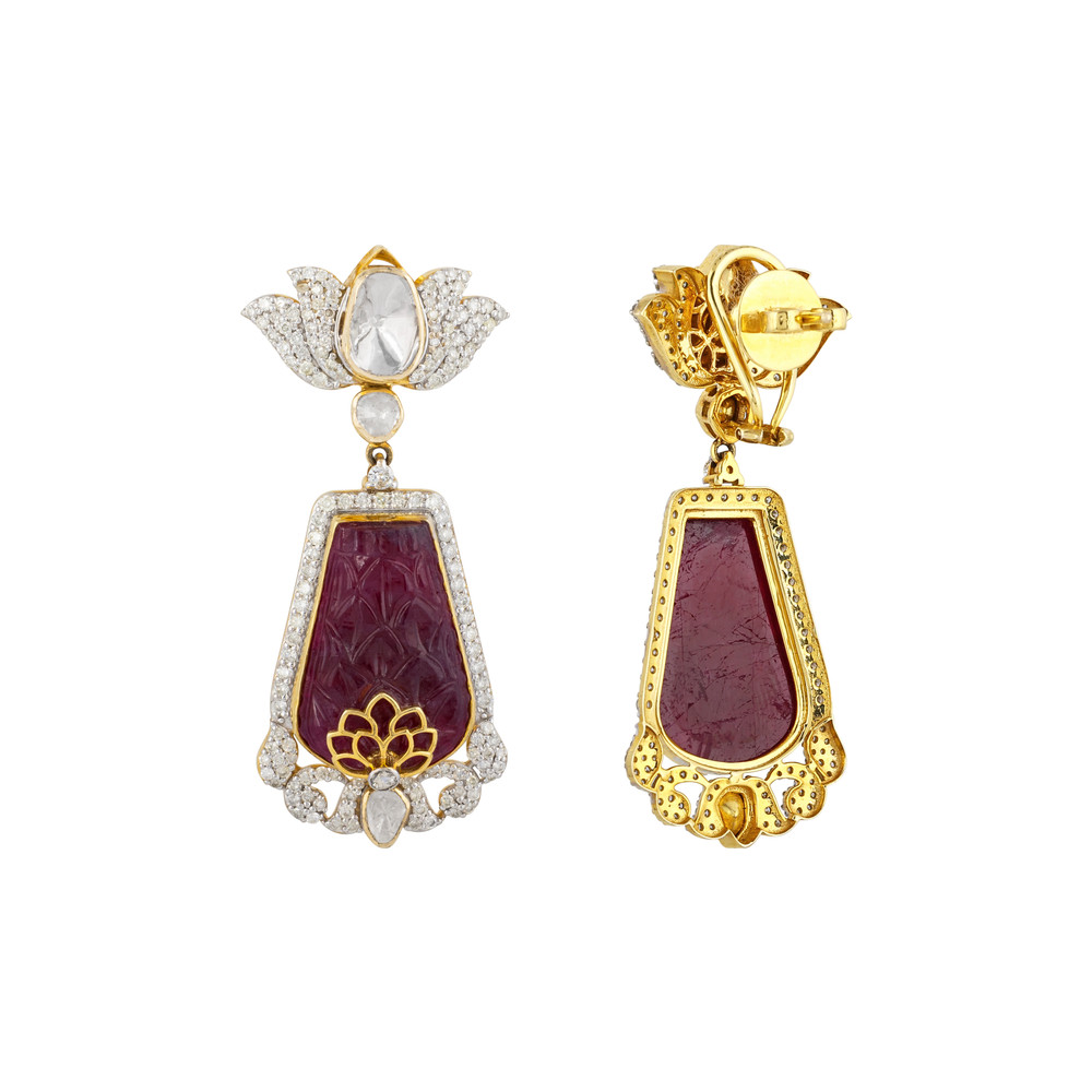 Carved Red Centerpiece Polki Earrings with Diamond Lotus Motif