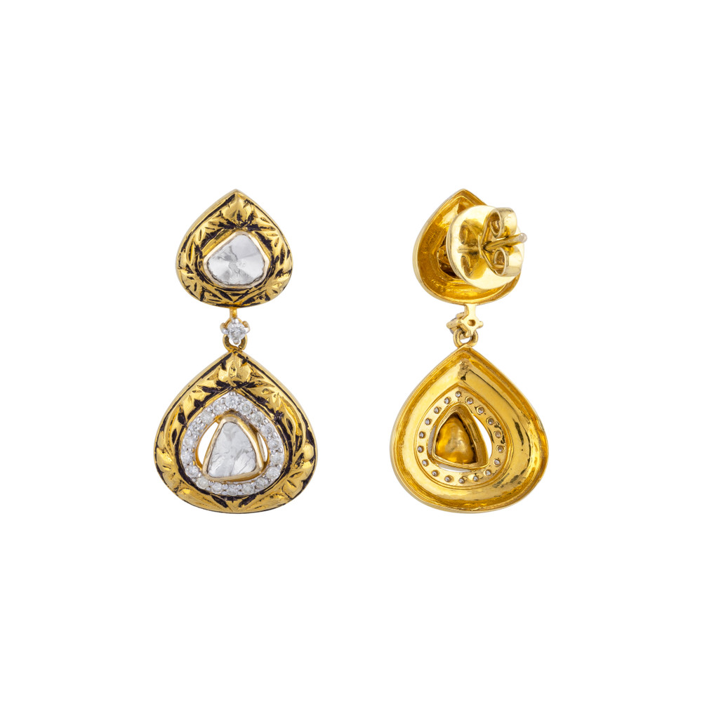 Teardrop Uncut Diamond Polki Earrings with Partash Gold Detailing