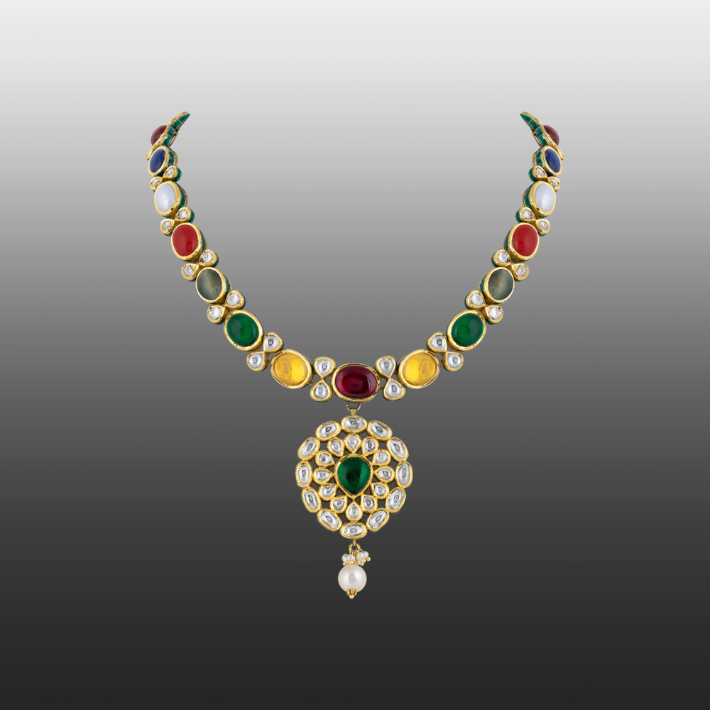Navratna Necklace with Polki , Pearl & Teardrop Pendant