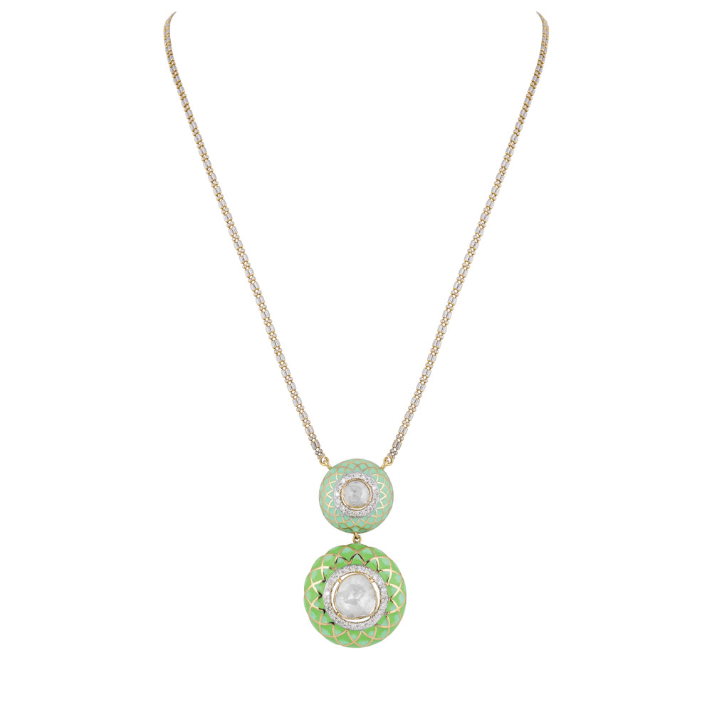 Two-tiered Polki Pendant with Pastel Green Enamel