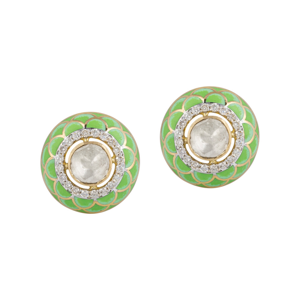 Pastel Green Enamel Stud Earrings with Polki and Diamonds