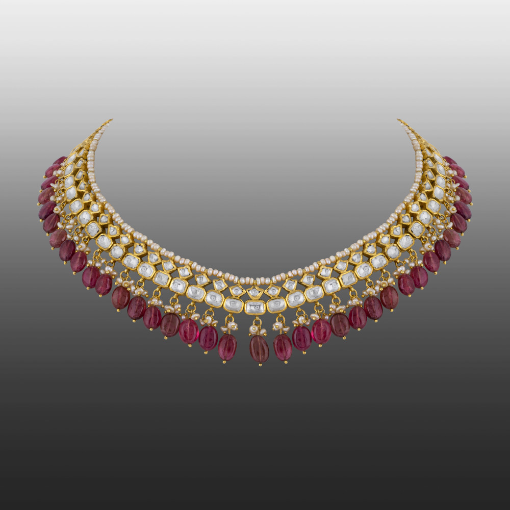 Polki Necklace with Tourmaline Drops and Pearl Beads