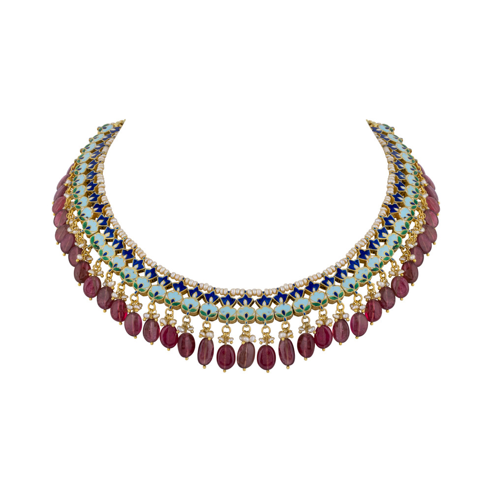 Polki Necklace with Tourmaline Drops and Pearl Beads