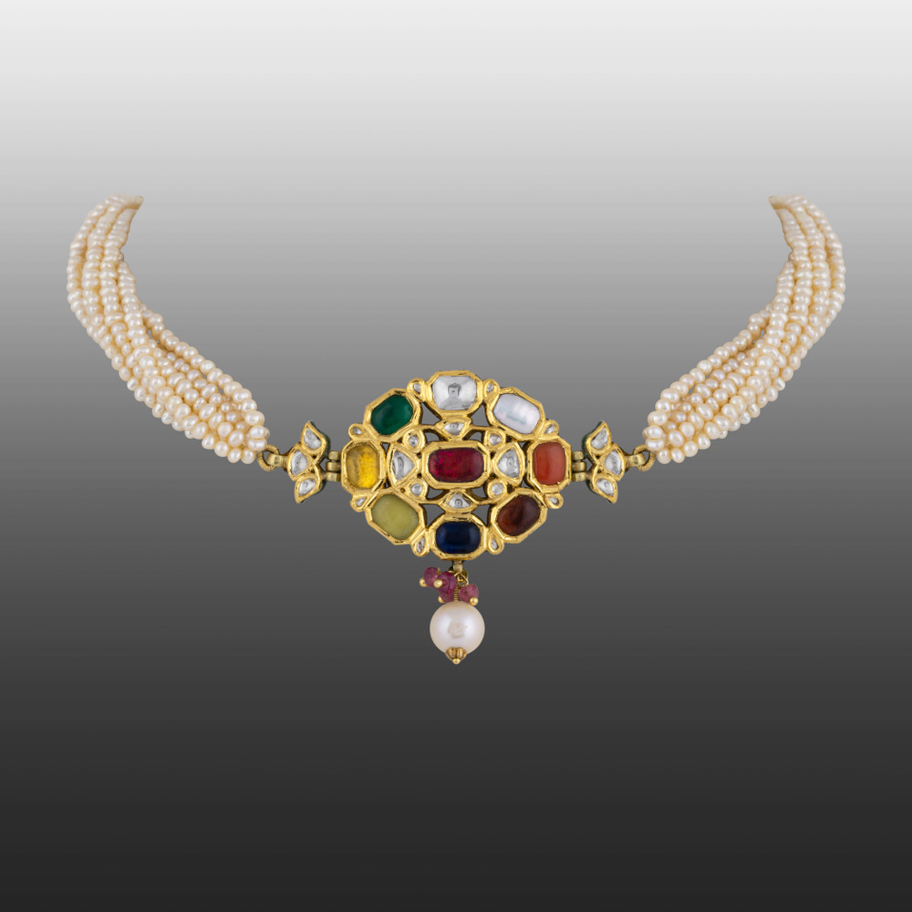 Navratna Choker with Pearl Strands ,Beads, and Celestial Gems