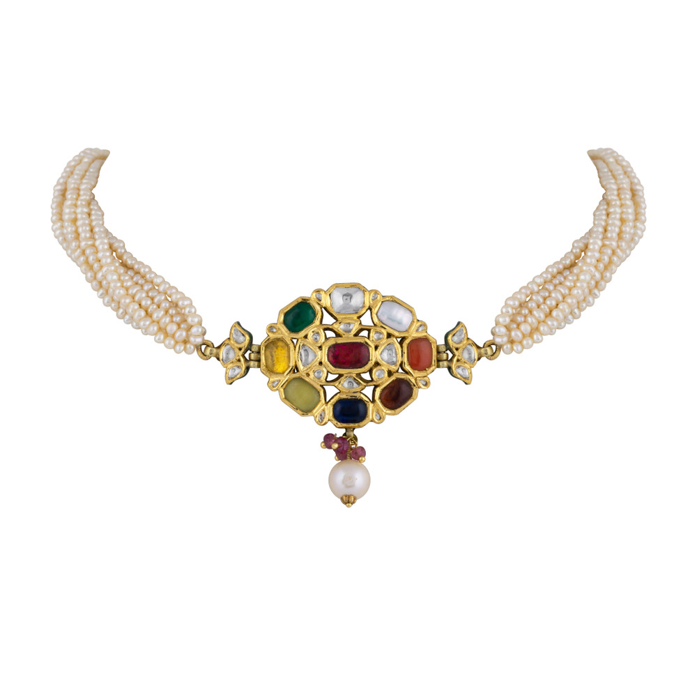 Navratna Choker with Pearl Strands ,Beads, and Celestial Gems
