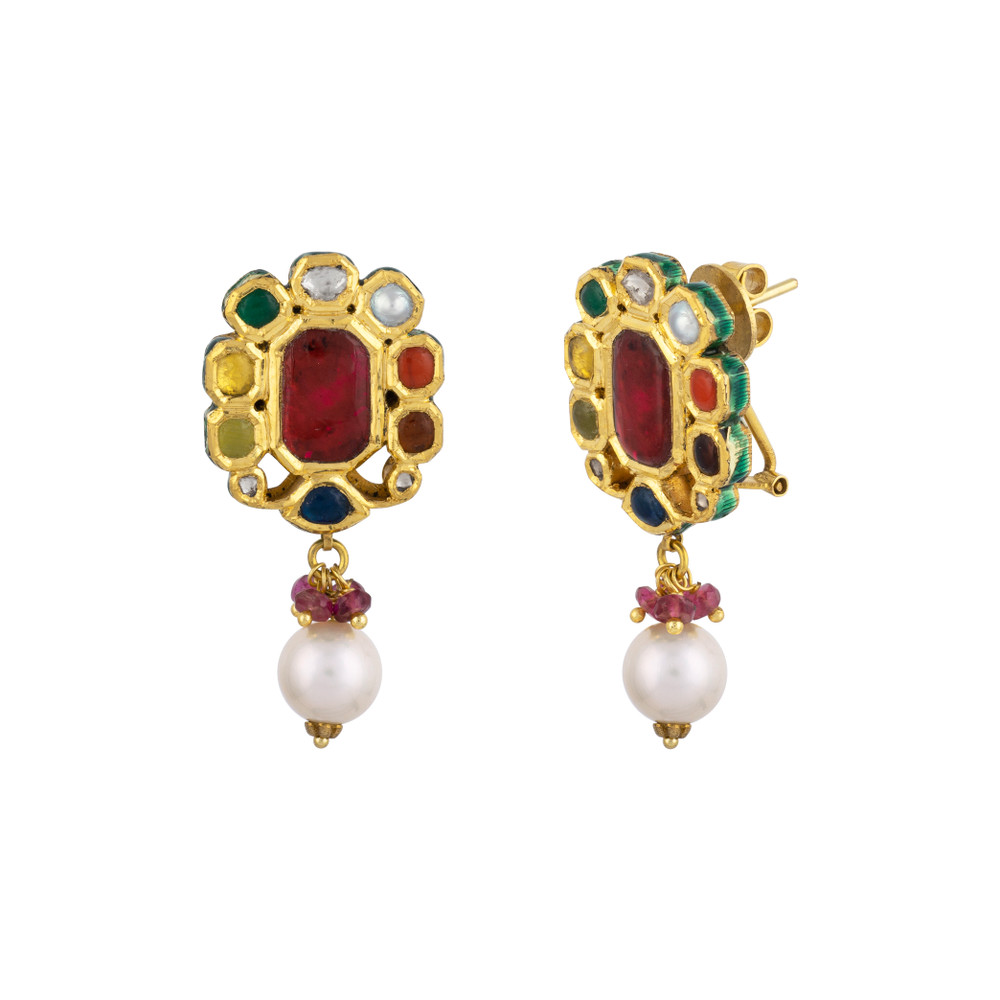Navratna Earrings with Beads, Pearl, and Celestial Gems