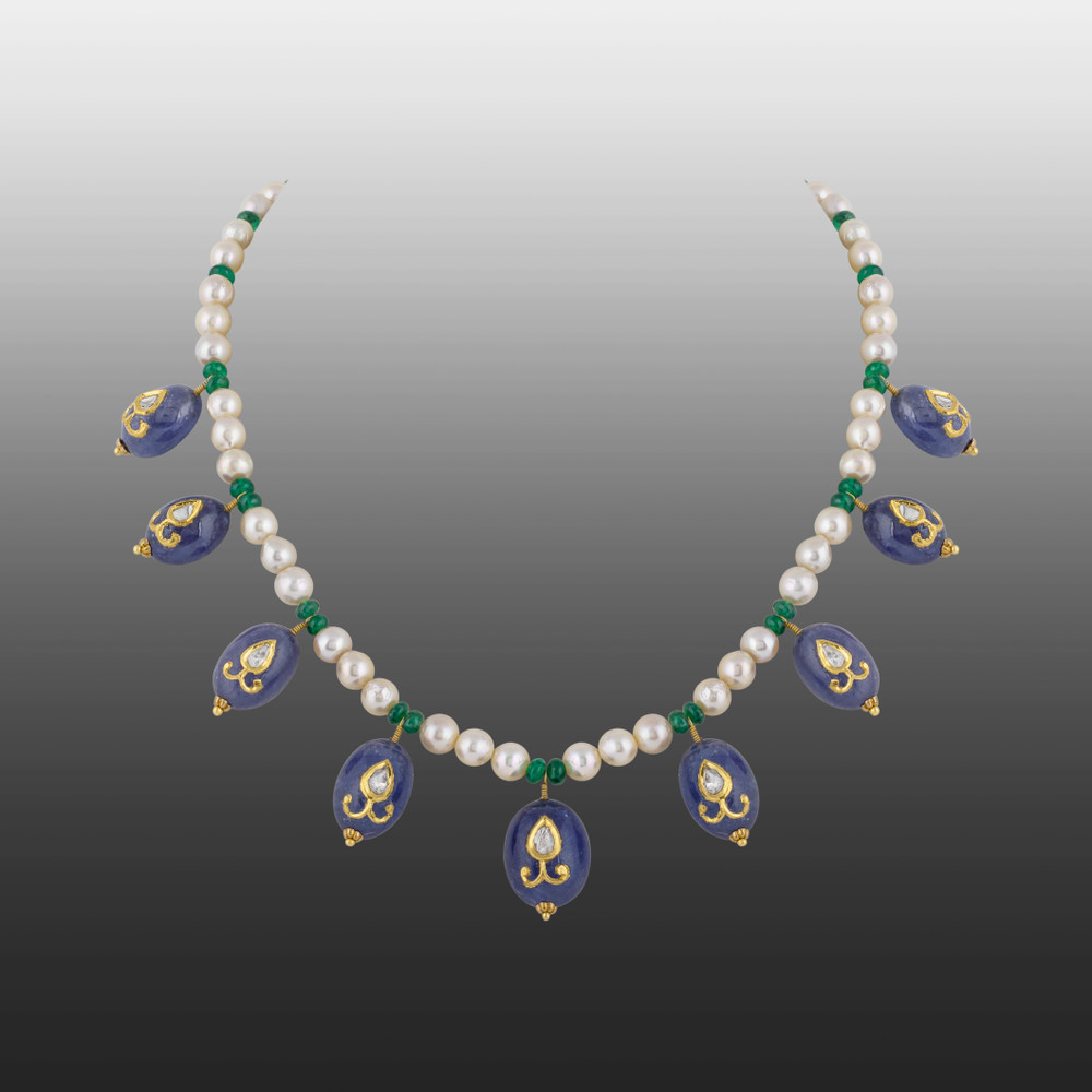 Polki Necklace Jadau Amethyst Hung on Pearl and Green Beads String