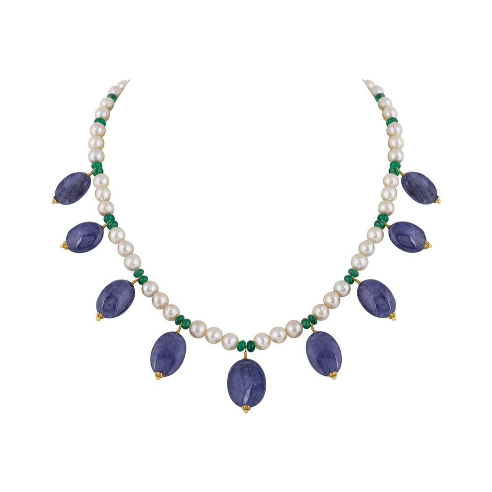 Polki Necklace Jadau Amethyst Hung on Pearl and Green Beads String