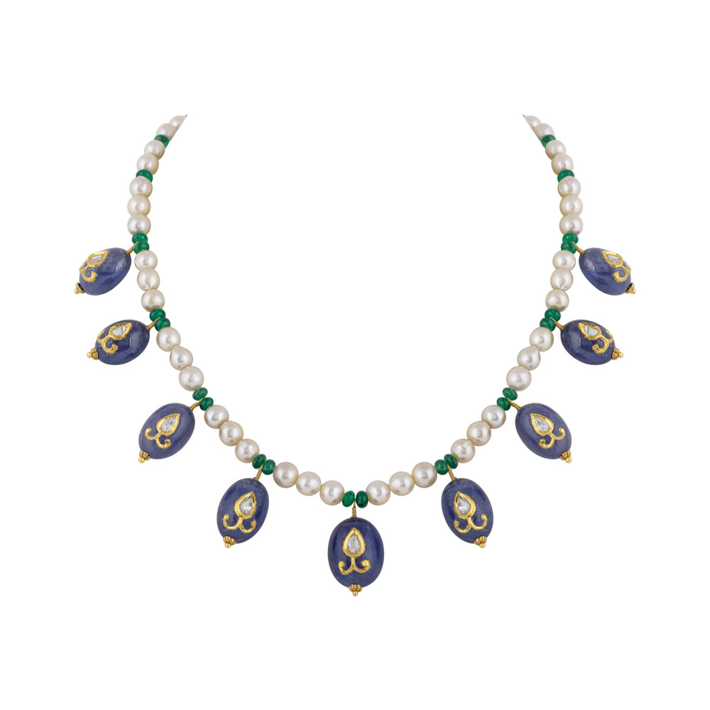 Polki Necklace Jadau Amethyst Hung on Pearl and Green Beads String
