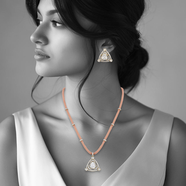 Diamond Polki Triangular Pendant with Rose Gold String