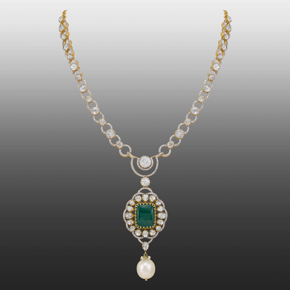 Claw-Set Emerald Pendant with Polki Diamond and Pearl Drops