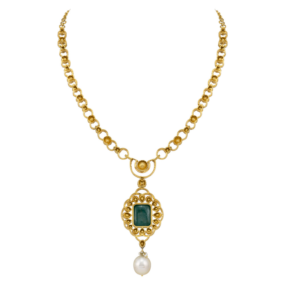 Claw-Set Emerald Pendant with Polki Diamond and Pearl Drops