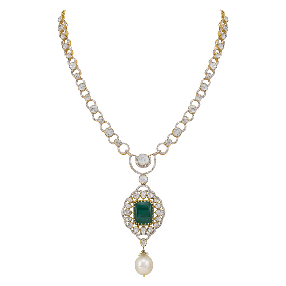 Claw-Set Emerald Pendant with Polki Diamond and Pearl Drops