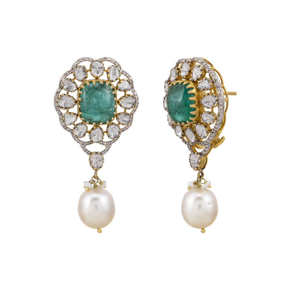 Claw-Set Emerald Earrings with Polki Diamond and Pearl Drops