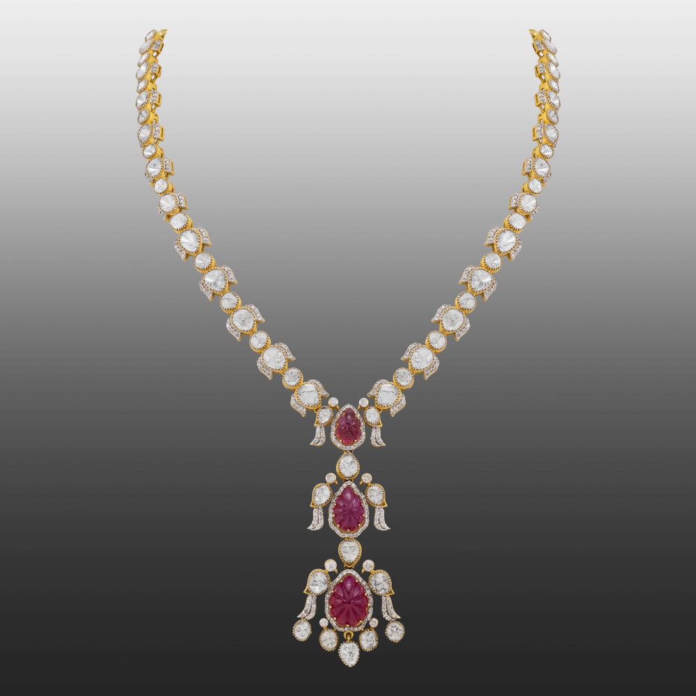 Carved Ruby Pendant Necklace with Polki Diamonds