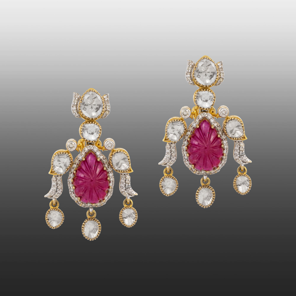 Carved Ruby and Polki Drop Earrings with Bird Motif