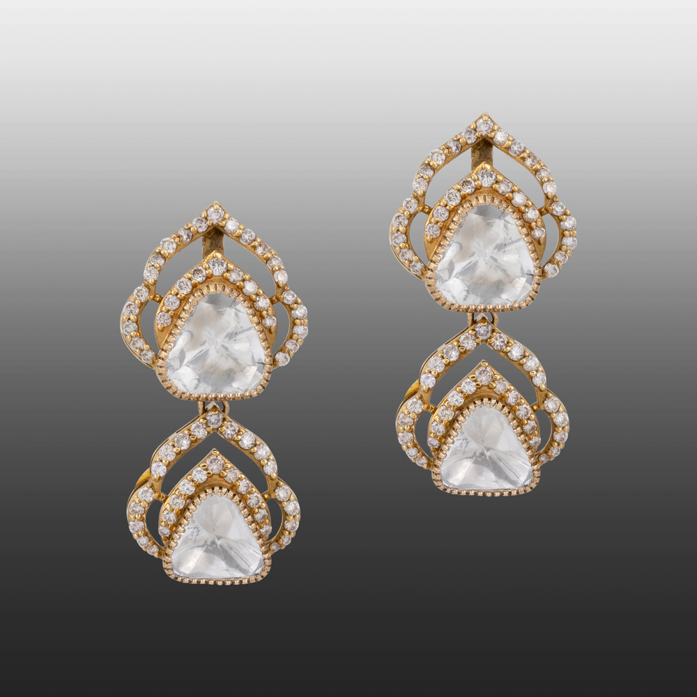 Double-Tiered Uncut Polki Earrings with Antique Finish