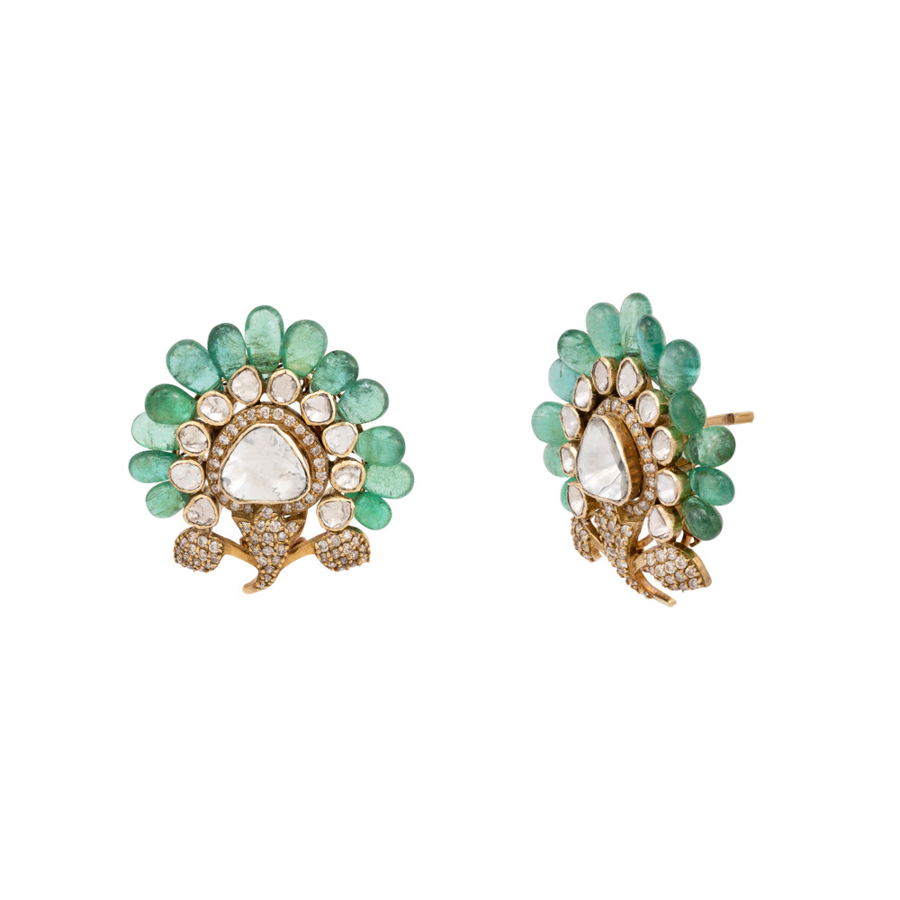 Antique Finish Emerald Floral Statement Studs