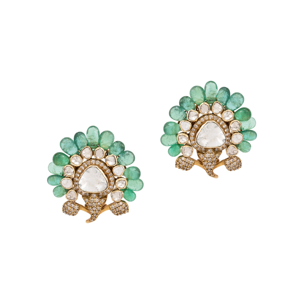 Antique Finish Emerald Floral Statement Studs