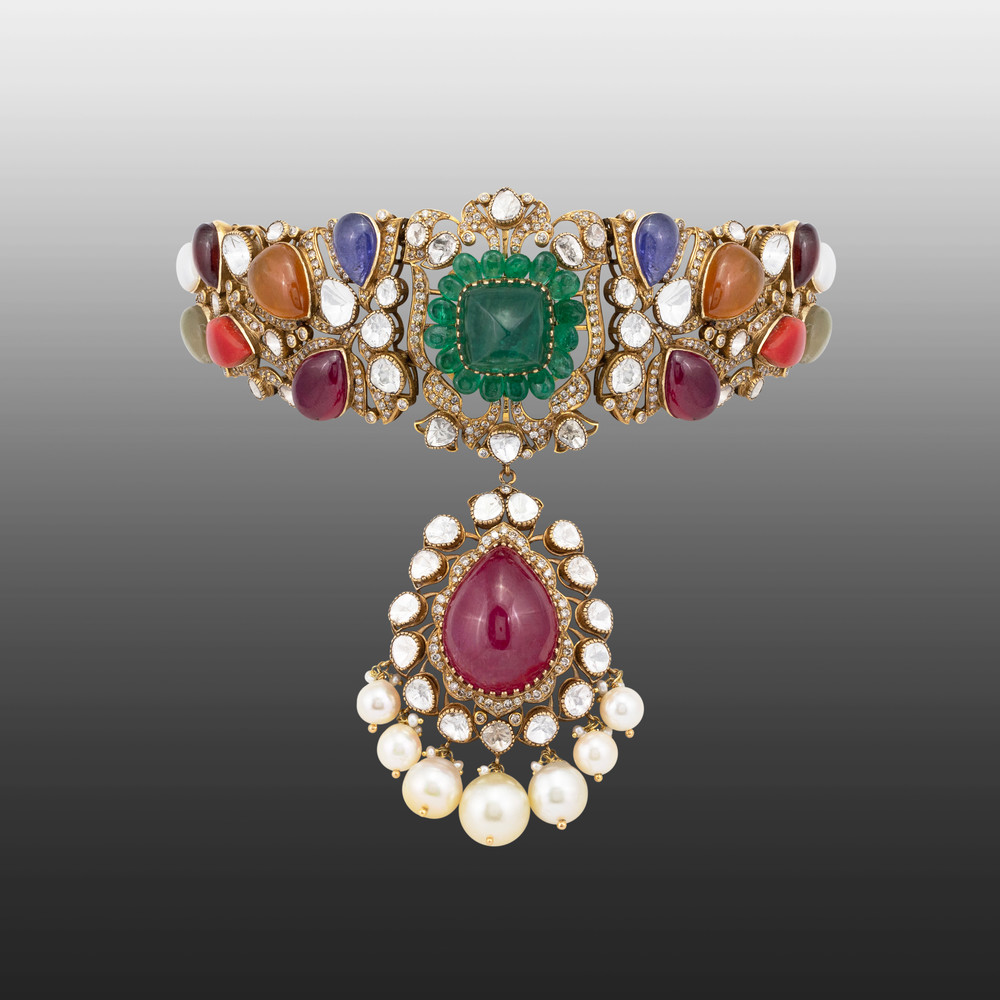 Antique Navratan Choker with Uncut Polkis and Cabochons