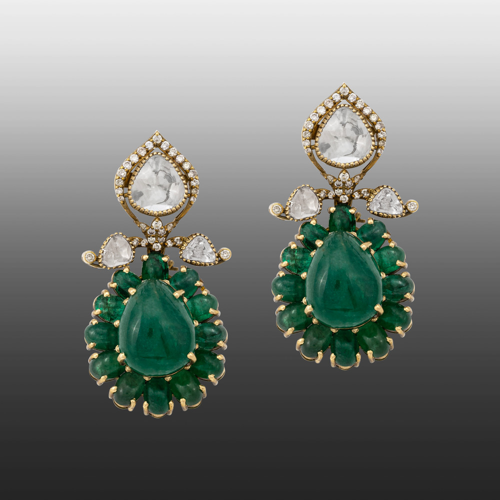 Antique Emerald Drop Earrings with Beaded Halo