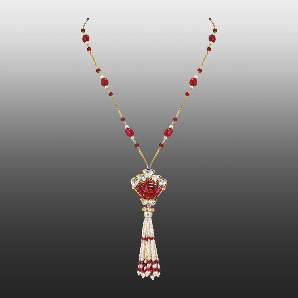 Carved Ruby Pendant Necklace with Pearl Tassel