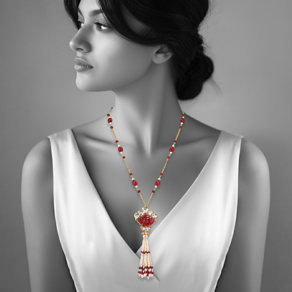Carved Ruby Pendant Necklace with Pearl Tassel