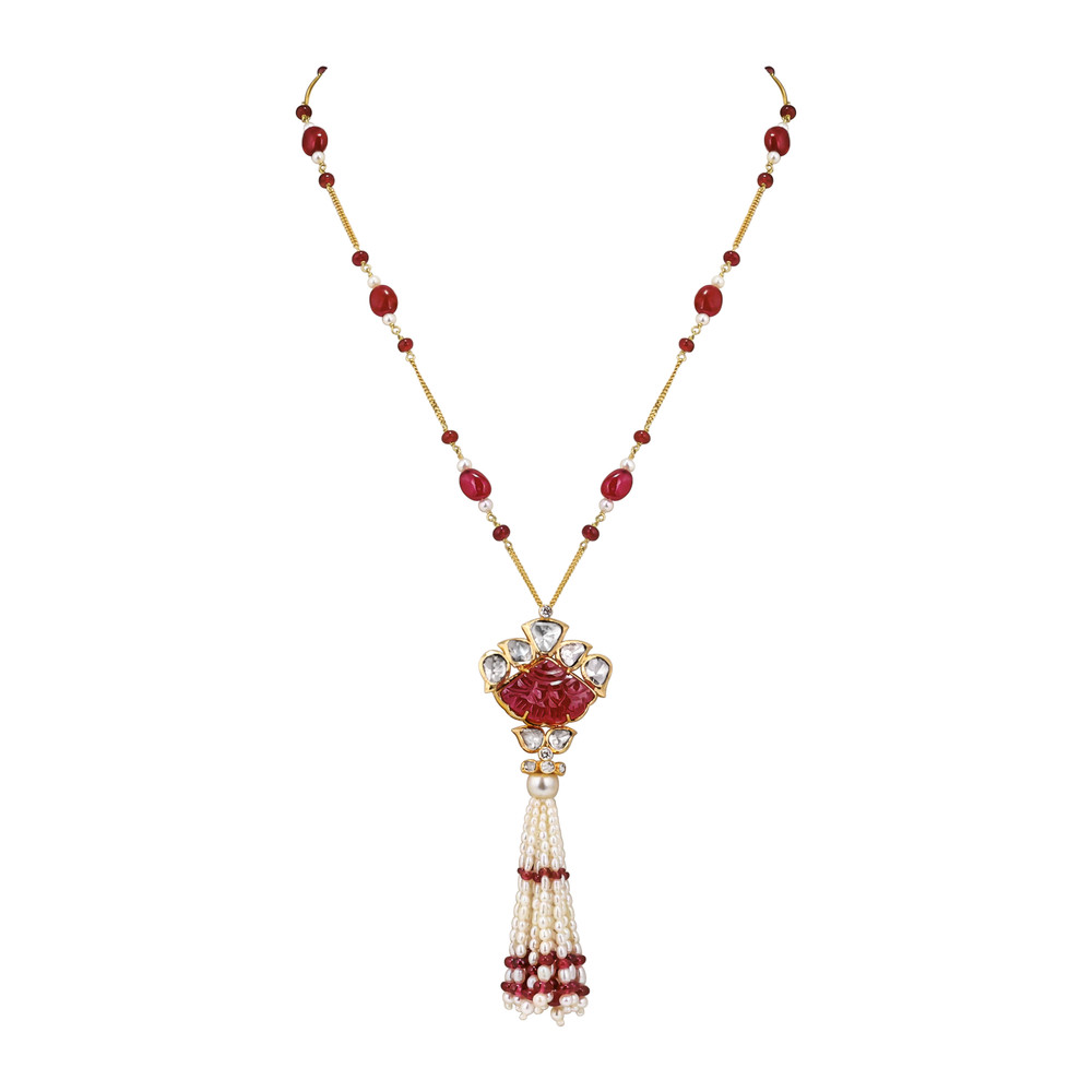 Carved Ruby Pendant Necklace with Pearl Tassel